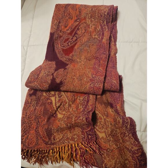 CORAL RED PAISLEY PASHMINA 100% Pure New Wool Boho Hippy Cottagecore Preppy - Picture 1 of 6